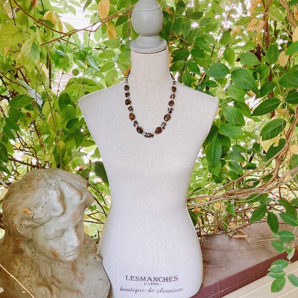 Vintage Brown Gemstone Agate Garnet Silver Tone Beaded Necklace 22" Boho Jewelry - Picture 5 of 16